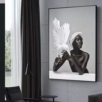 Обнаженная африканская женщина, холст, постер, перо и черная женская картина маслом, скандинавская декоративная картина для декора гостиной, стены 20x30cm