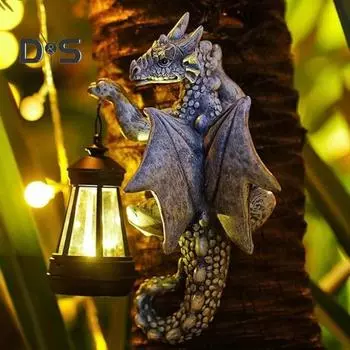 Обнимашка в виде драконьего дерева с солнечным фонарем, устойчивая к погодным условиям, садовая дорожка, патио, газон, смоляная фигурка дракона, украшение, статуэтка серый