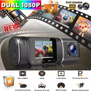 Обновление 2024 года, двойная камера видеорегистратора FHD 1080P+1080P, передняя камера в салоне автомобиля, видеорегистратор с ЖК-дисплеем, датчик силы тяжести, автоматическая запись видео чёрный