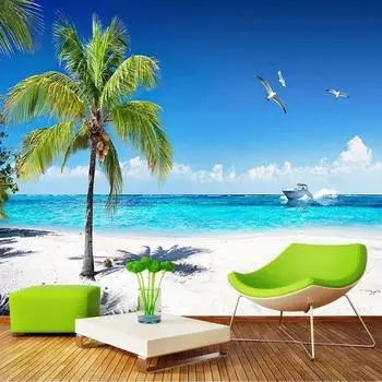 Обои 3D Морской пейзаж Кокосовая пальма Пляж Настенная роспись Гостиная Тема Отель Фреска 200 cm(W) x 140 cm(H)