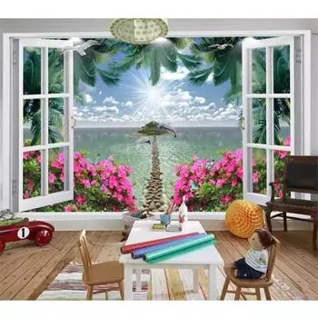 Обои 3D Mural Window Coconut Tree Seascape Red Flower Stone Path Island Wall Papers Home Decor Wallpaper 200 cm(W) x 140 cm(H)