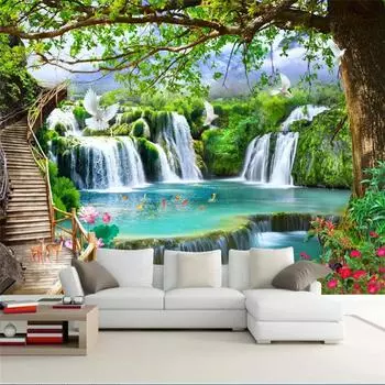обои 3d простые повседневные зеленые дерево лес водопад пейзаж инструменты стена гостиная старик фреска 3d 200 cm(W) x 140 cm(H)