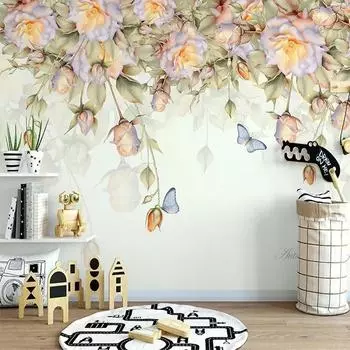 Обои Европейская ручная роспись маслом Роза Бабочка Фреска Гостиная Телевизор Диван Спальня Фреска 200 cm(W) x 140 cm(H)