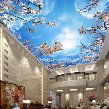 Обои Голубое небо Белое облако 3D Фреска Вишневый цвет Потолок Фреска Обои Домашний декор 3D Зенит Обои 200 cm(W) x 140 cm(H)