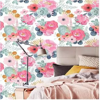 Обои с цветочным рисунком Peel and Stick акварельные кактусы белые/розовые/зеленые/темно-синие виниловые самоклеящиеся предварительно наклеенные декоративные 45CMX6M
