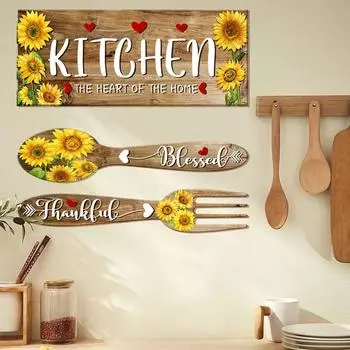 Обои с вилкой и ложкой «Подсолнух», наклейки на стену для дома, кухни, умывальник, шкаф, декоративные наклейки, наклейки на стены, виниловые фрески Spoon