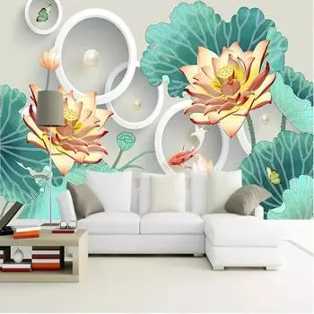 Обои Современные Тисненые Лотос Золотая Рыбка Домашний Декор 3D Стерео ТВ Фон Настенная Роспись 200 cm(W) x 140 cm(H)