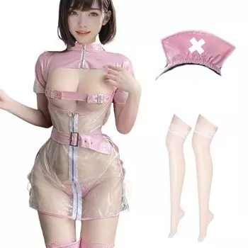 Обратная медсестра эмаль бондаж глянцевый косплей сексуальная медсестра эротический грудь открытая маленький дьявол стринги кружева T сумка высокие чулки [MORApink] прозрачный