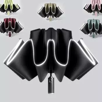 Обратный зонт Полностью автоматический зонт Светоотражающий деловой солнечный зонт Черный клейкий солнцезащитный зонт с 10 усиленными ребрами