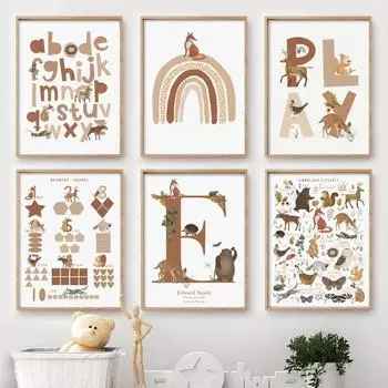 Образование для малышей, Радуга, Олень, Лиса, Медведь, Номер ABC, печать на плакатах, холст, настенное украшение, картины для дома, детская детская комната 21*30cm