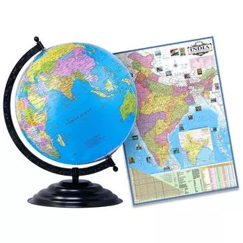 Образовательный глобус - Высота 13 дюймов, Металлическая черная подставка, С политической картой Индии (70 х 100 см) - Глобус мира для декора дома и офиса, выставочный экземпляр