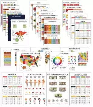 Образовательный плакат Traceease для начальной школы, упаковка из 25 больших ламинированных обучающих плакатов для детей размером 11 x 17 дюймов 8.5 x 11 inches белый