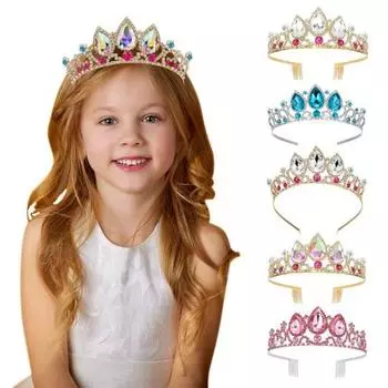 Обруч для волос, блестящий, инкрустированный искусственными кристаллами, декорированный, детский, корона, для дня рождения, сплав, повязка на голову, аксессуары для волос