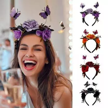 Обруч для волос Хэллоуин имитация розы бабочки декор повязка на голову эластичный головной убор костюм косплей вечеринка темно-красного