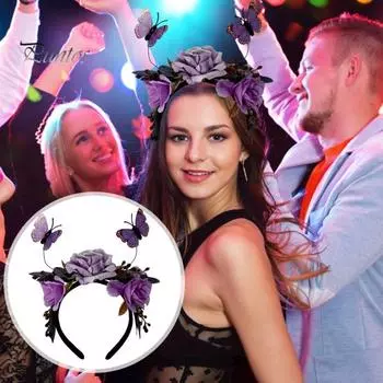 Обруч для волос на Хэллоуин, имитация роз, бабочки, декоративная повязка на голову, эластичный головной убор, костюм для косплея, аксессуар для вечеринки темно-красного