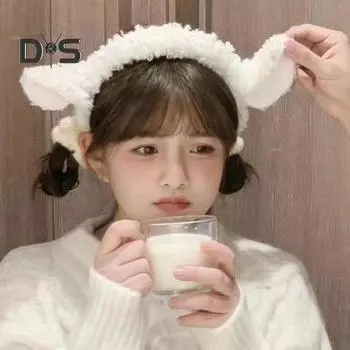 Обруч для волос с дизайном овечьих ушей, плюшевая повязка на голову с бантом и колокольчиком, белая повязка для волос, аксессуары для мытья волос A