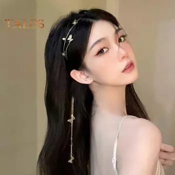 Обруч для волос с искусственным жемчугом, сверкающие стразы, изысканные бабочки, кисточка, повязка на голову с короной для девочек, аксессуары для волос серебряный