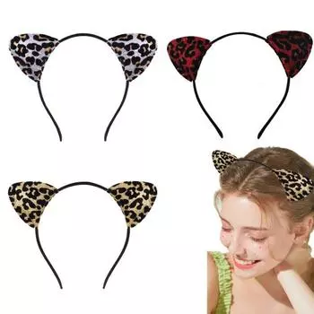 Обруч для волос с леопардовым принтом, декор в виде кошачьих ушей, повязка на голову на Хэллоуин, мягкая, регулируемая, тема для косплея красный