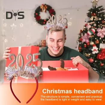 Обруч для волос с пайетками, лентами и звездами, номер 2025, декоративная повязка на голову, легкая праздничная повязка на голову для детей и взрослых, праздничный аксессуар золотистый