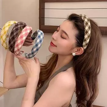 Обруч для волос с широким краем, нескользящий милый стиль, клетчатый узор, головной убор, фиксация прически, элегантный широкий ободок для волос, милый головной убор, женские аксессуары розовый