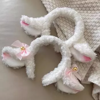 Обруч для волос с ушками овцы, плюшевая повязка на голову с бантом, декор в виде колокольчика, белая повязка для волос, макияж, стирка A