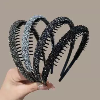 Обруч для волос со стразами, модный женский головной убор, нескользящий, с зубцами, блестящий ободок для волос, аксессуары для волос one size чёрный