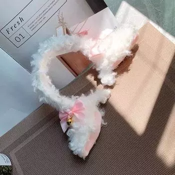 Обруч для волос Yousheng, плюшевая повязка на голову с изображением овечьих ушей, декор в виде банта и колокольчика, белая повязка для волос, аксессуары для мытья волос A