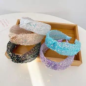 Обруч из марли с блестками, женская повязка на голову с узлом, модные аксессуары для волос, повязка для волос с широкими полями 17*6cm чёрный