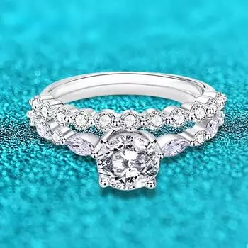 Обручальное кольцо с муассанитом круглой огранки 1 карат для женщин, наборы из 2 предметов, созданный в лаборатории бриллиант, кольцо из стерлингового серебра 925 пробы с покрытием из 18-каратного золота 6&US size