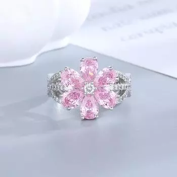 Обручальное кольцо с розовым цветком и сверкающим цирконом, 18-каратное золото, белое золото, ювелирные украшения для женщин 6 розовый