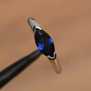 Обручальное кольцо с синим сапфиром, камень, родившийся в сентябре, драгоценный камень огранки «маркиза», стерлинговое серебро, кольцо с восточно-западной оправой 5 серебряный
