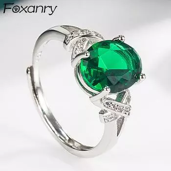 Обручальные кольца Foxanry с зелеными цирконами для женщин, новые модные элегантные геометрические свадебные украшения ручной работы для невесты, подарки 17mm серебряный