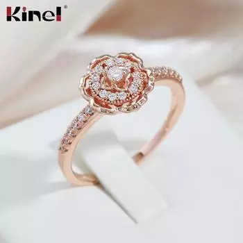 Обручальные кольца Kinel цвета розового золота с кристаллами и цветами, ювелирные изделия 7 розового золота