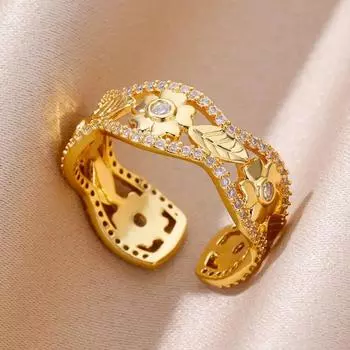 Обручальные кольца с цирконием и цветами для женщин, кольцо из нержавеющей стали, золотого цвета, винтажные кольца на палец с листьями, роскошные ювелирные изделия, подарок на день рождения resizable