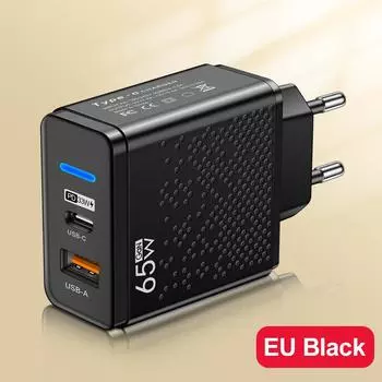 Общая мощность 65 Вт USB Зарядное устройство PD Type C Быстрая зарядка Адаптер для зарядки мобильного телефона для iPhone Xiaomi Samsung PD Быстрая зарядка QC3.0 EU Black
