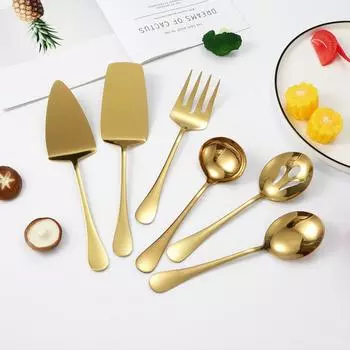 Общественная посуда из нержавеющей стали, сервировочная ложка для отеля, вилка, половник для супа, дуршлаг, лопатка для торта, набор из 6 предметов, набор кухонной утвари