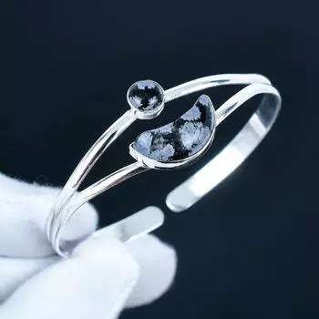 Обсидиан Снежинка Драгоценный камень Ручной работы Манжета-браслет 925 стерлинговое серебро Манжета-браслет, Браслет с обсидианом Снежинка для жены, Унисекс браслет, Подарок 7 чёрный