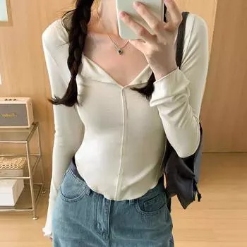 Обтягивающая футболка с V-образным вырезом и длинными рукавами от Hot Girl для женщин. Осень. Новая утягивающая футболка. Мягкий и вощеный внутренний верх. S