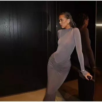 Обтягивающее эластичное простое однотонное длинное платье с рюшами, женская осенняя мода, с длинными рукавами и круглым вырезом, базовая классическая юбка S чёрный