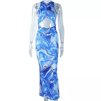 Обтягивающее платье в европейском и американском стиле с круглым вырезом и открытыми ягодицами, юбка длиной один шаг с принтом в стиле отпуска L синий