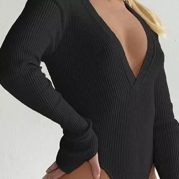 Обтягивающий однотонный однотонный базовый сексуальный женский комбинезон с глубоким V-образным вырезом в европейском и американском стиле с длинными рукавами S чёрный