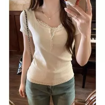 Обтягивающий, Узкое правое плечо, U-образный вырез, Короткие рукава с вырезом, Весна/лето, Bm-образный вырез, Полуоткрытый, Ложный двухкомпонентный S