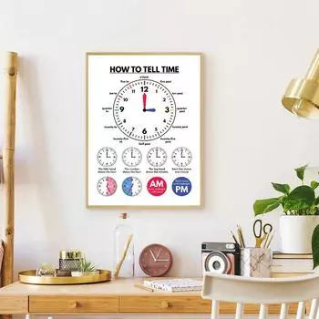 Обучающие плакаты «Рассказывая время в изучении английского языка», обучающий инструмент, холст, живопись, печатает картинки для украшения класса 21x30cm No Framed белый