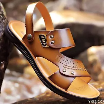 Обувь 2024 года, модные мужские летние новые ретро кожаные нескользящие пляжные сандалии без застежек, дорожные шлепанцы, тапочки, черные, коричневые 38 чёрный