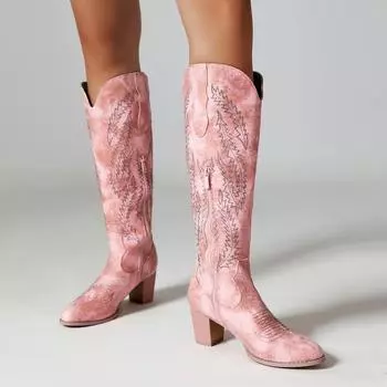 Обувь 2025 новые розовые ботинки женские ретро вышивка квадратная голова толстый каблук высокий трубчатый вестерн 34 розовый