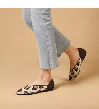 Обувь 2025 весна новый радужный леопардовый принт вязаные туфли остроносые туфли на плоской подошве женские туфли на плоской подошве с неглубоким горлом 34
