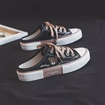 Обувь Bear Head Half-Drag Heel-Less Canvas, Женские однопедальные туфли Lazy, Обувь для сноуборда 35 белый