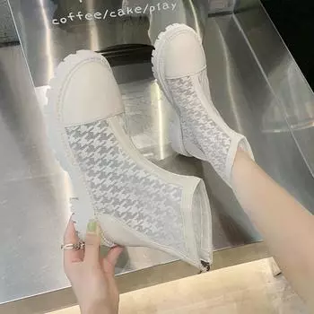 Обувь Белые ботильоны Короткие сетчатые туфли для женщин Элегантные женские ботильоны с круглым носком на среднем каблуке Мода 2024 года Горячий шик 35