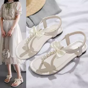 Обувь бежевая Лето 2024 Без каблука Алмазные женские туфли Плоские резиновые сандалии для женщин Шлепанцы Бантик Стразы Азиатский размер HF 35