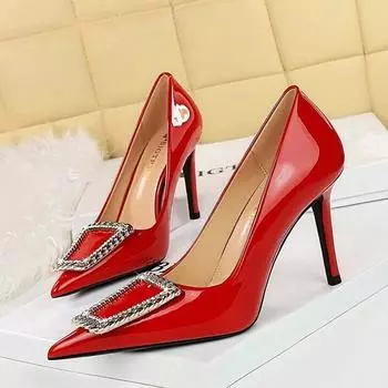 Обувь BIGTREE, женские туфли-лодочки, туфли-лодочки со стразами и металлической пряжкой, дизайн на высоком каблуке из лакированной кожи, женские туфли на шпильке для вечеринок, 43 34 чёрный